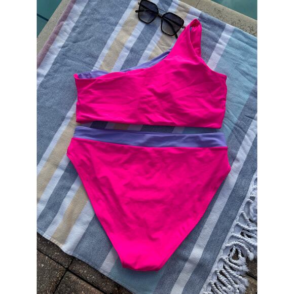 NWOT, Brand Unknown, One Shoulder Bikini, Pink and Purple, Sz XL - Picture 2 of 11